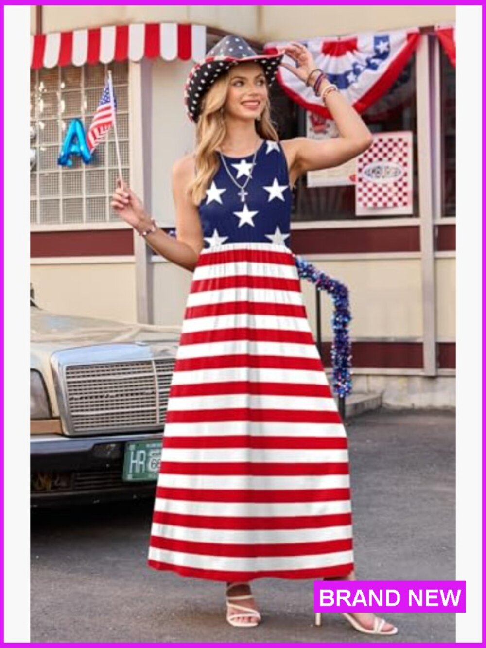Maxi Dress Sleeveless Patriotic Print Sundress with Pockets - Picture 4 of 7